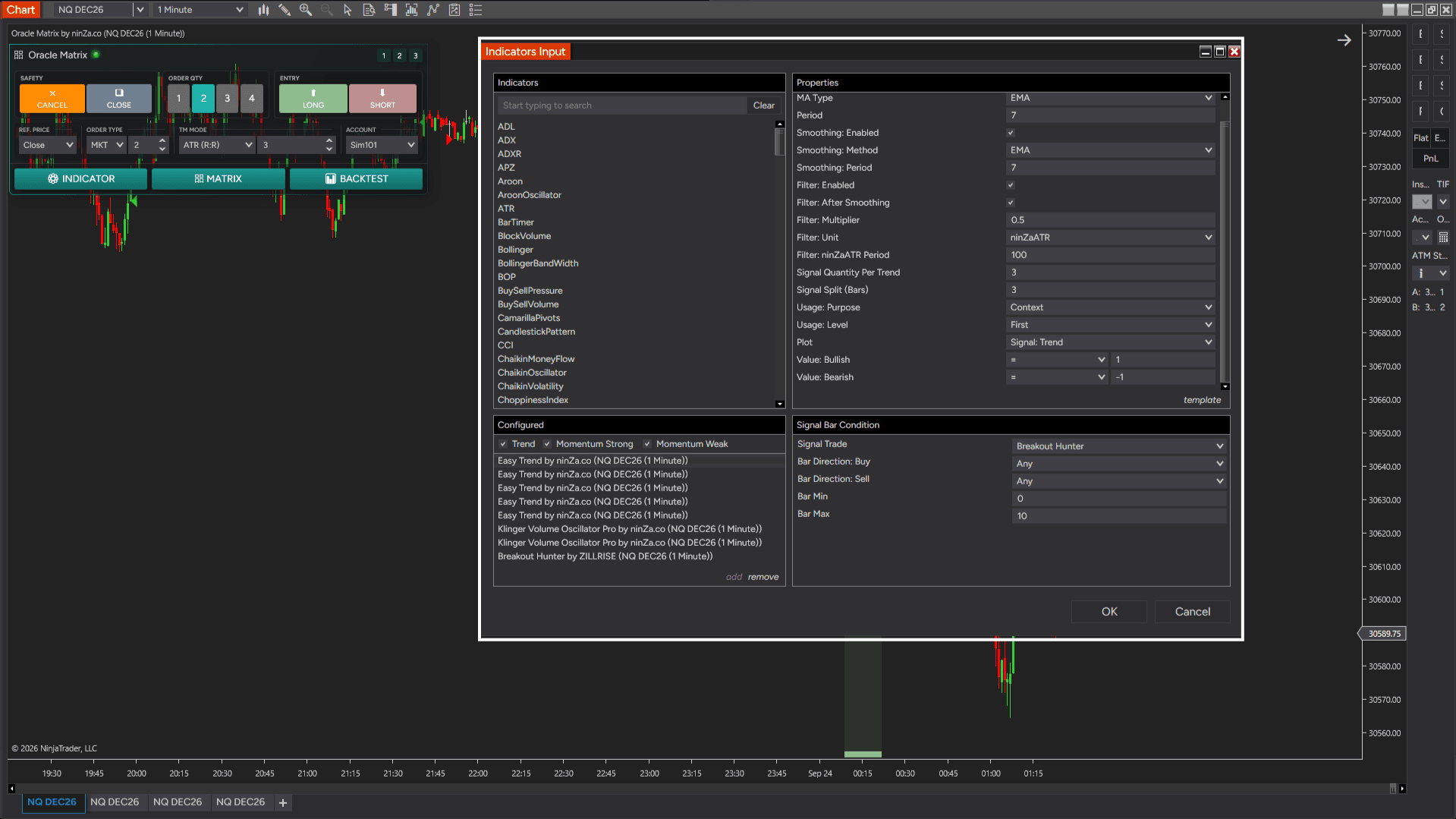 Oracle Matrix input window for adding existing indicators and trading systems