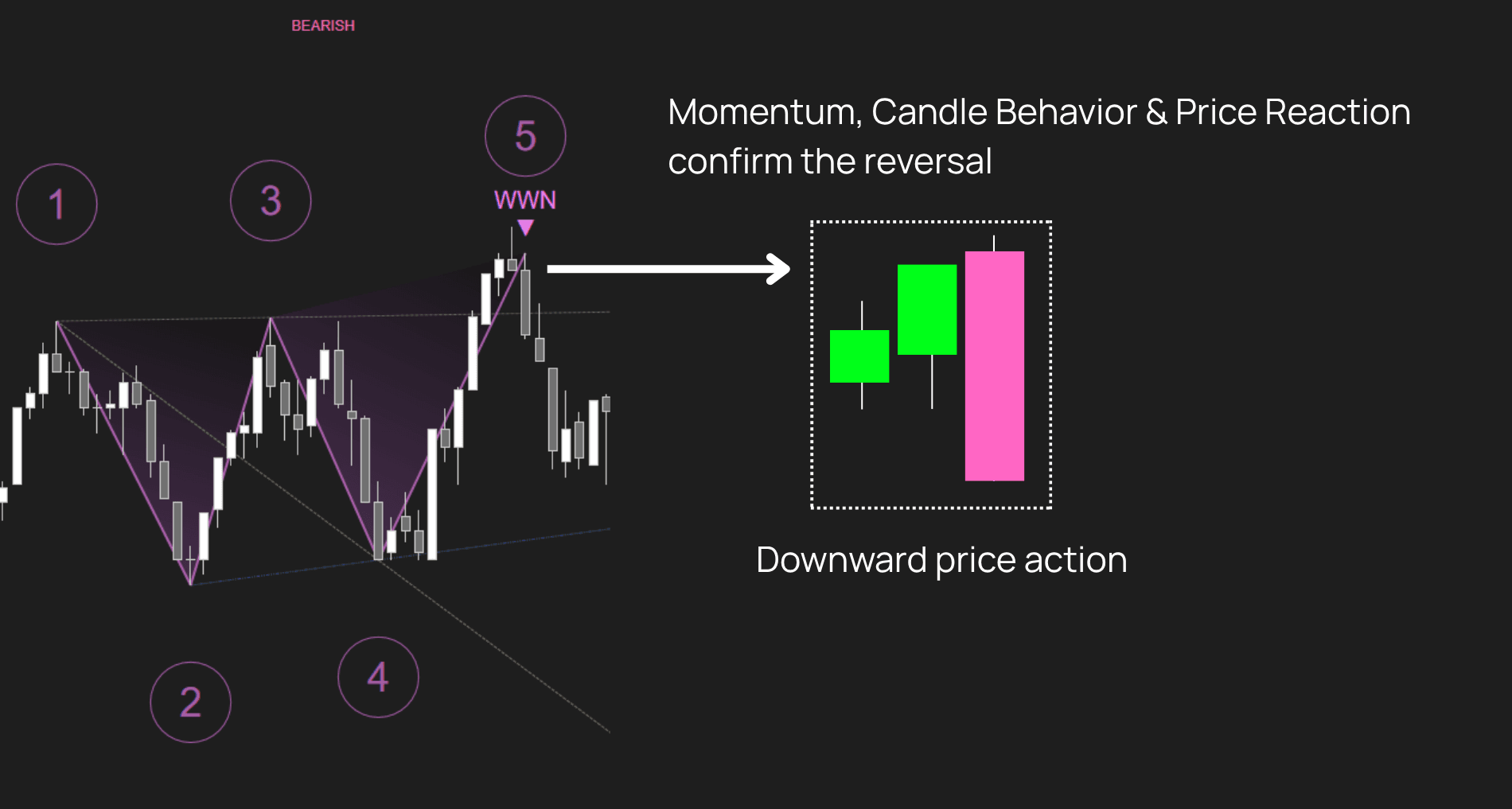 Wolfe Wave setup showing Momentum, Candle Behavior, and Price Reaction confirming the reversal.