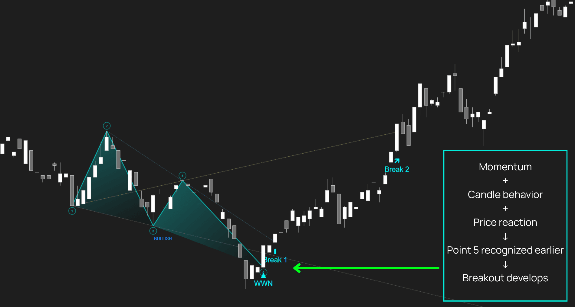 Wolfe Wave Navigator using momentum, candle behavior, and price reaction to identify Point 5.
