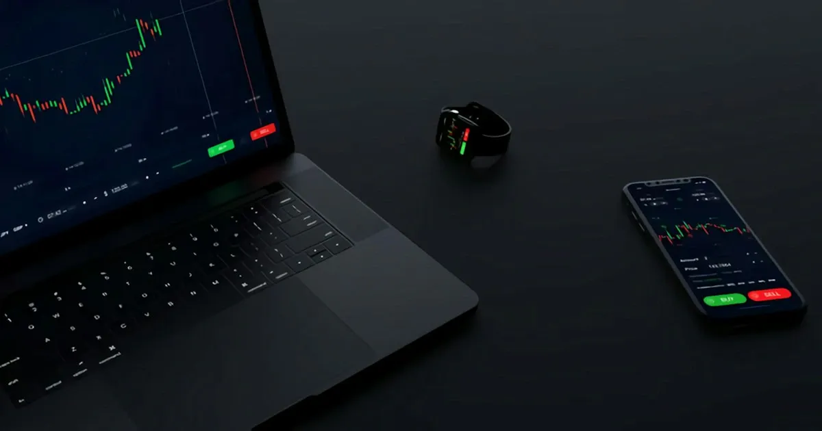 Laptop screen showing a candlestick chart with green and red price movements